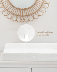 Meowcards changing pad cover elastic safety belt holes for secure fit.