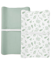 Meowcards changing pad cover fern leaf closeup shows soft breathable fabric for baby comfort.