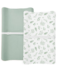 Meowcards changing pad cover fern leaf closeup shows soft breathable fabric for baby comfort.