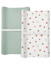 Meowcards changing pad cover in muslin sage flower closeup shows soft breathable fabric