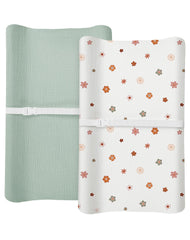 Meowcards changing pad cover in muslin sage flower closeup shows soft breathable fabric