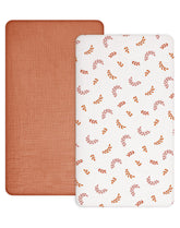 Meowcards crib sheets 2-pack folded, plush muslin for gentle sleep.