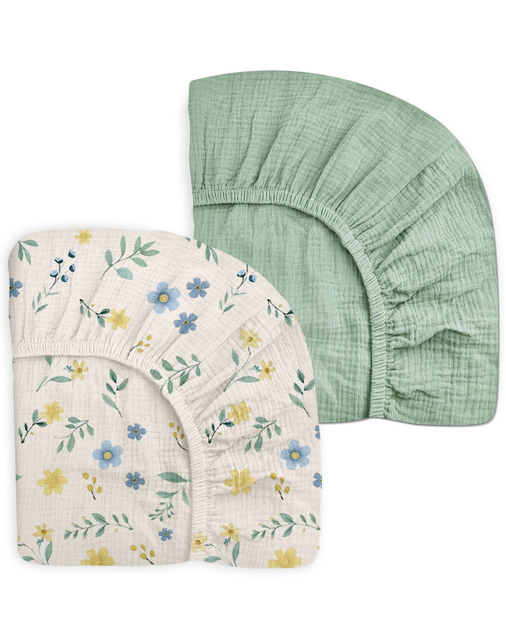 Meowcards mini crib sheet spring garden top view shows breathable muslin for baby comfort