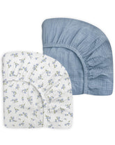 Meowcards mini crib sheets Bluebell Bloom pack shot shows soft breathable comfort