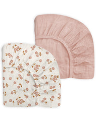 Meowcards mini crib sheets floral pink closeup reveals soft muslin cotton for gentle sleep.