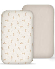 Meowcards Muslin Bedside Bassinet Sheets 2 Pack – 33x20, Ultra-Soft & Breathable (Hopping Bunnies Beige)