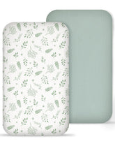 Meowcards muslin bedside bassinet sheets in fern leaf pattern offer breathable comfort for newborn naps.