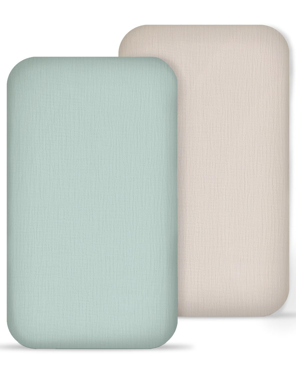 Meowcards muslin bedside sheet in beige and sage shows calming, breathable newborn comfort.