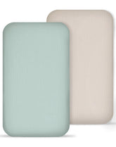 Meowcards muslin bedside sheet in beige and sage shows calming, breathable newborn comfort.