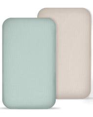 Meowcards muslin bedside sheet in beige and sage shows calming, breathable newborn comfort.