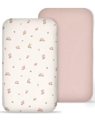 Meowcards muslin bedside sheets in Vintage Blossom pink pattern for a calming nursery.