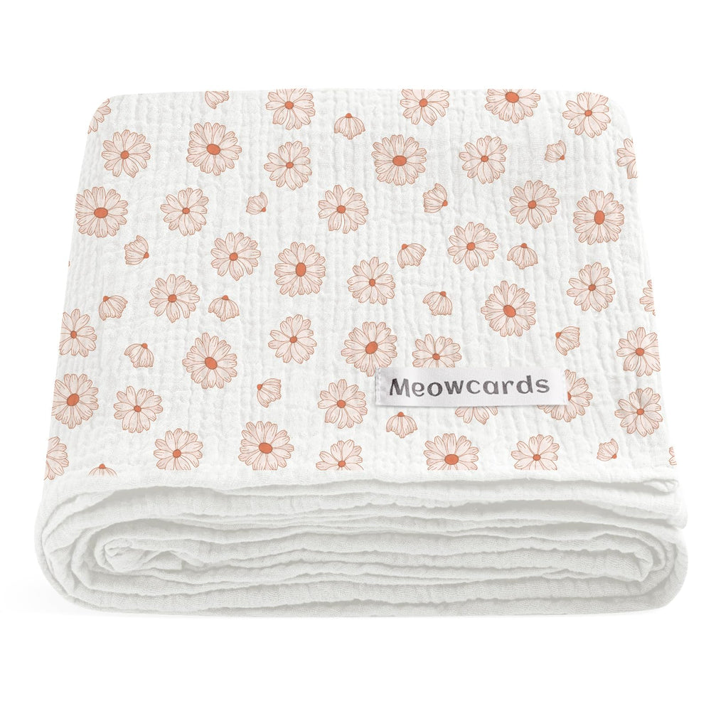 Meowcards Muslin Swaddle Flower-A closeup shows double-layer softness for newborn comfort.
