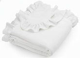 Meowcards Muslin Swaddle with ruffled edges for a stylish newborn photo shoot.