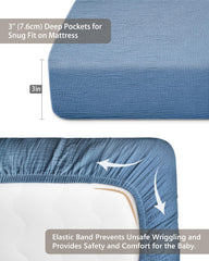 Meowcards blue flatlay pack n play sheet showing roomy 39x27x3 fit and cozy feel.