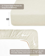 Meowcards pack-n-play sheet cream on mattress showing secure fit
