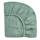 Meowcards pack and play sheet Roman Green main view shows boho style and breathable muslin comfort.