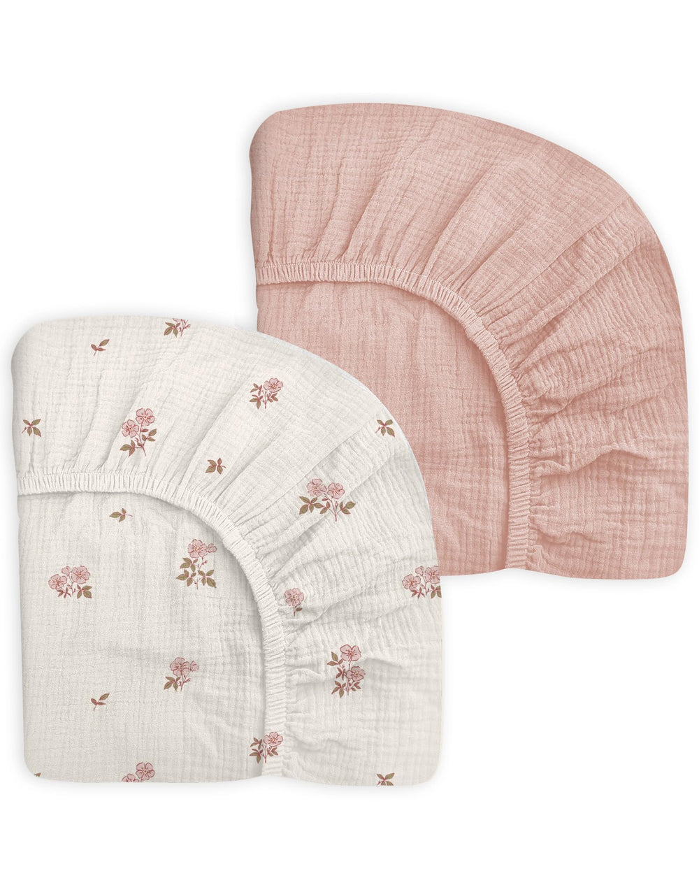 Meowcards pack-n-play sheet in Vintage Blossom flat lay showing soft muslin for baby sleep