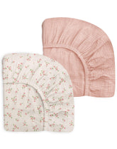 Meowcards pack-n-play-sheets rosy closeup shows soft muslin fabric for gentle sleep