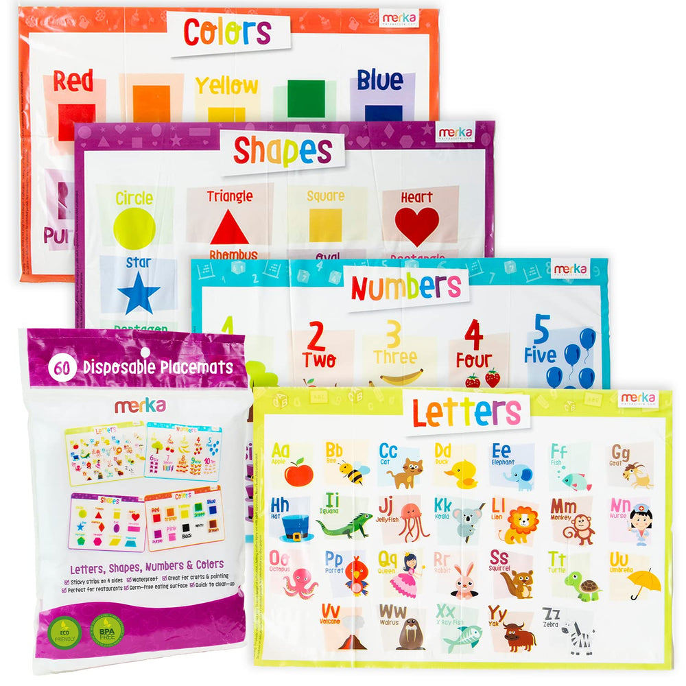 Merka disposable placemats with adhesive keep toddler tables stable during meals.