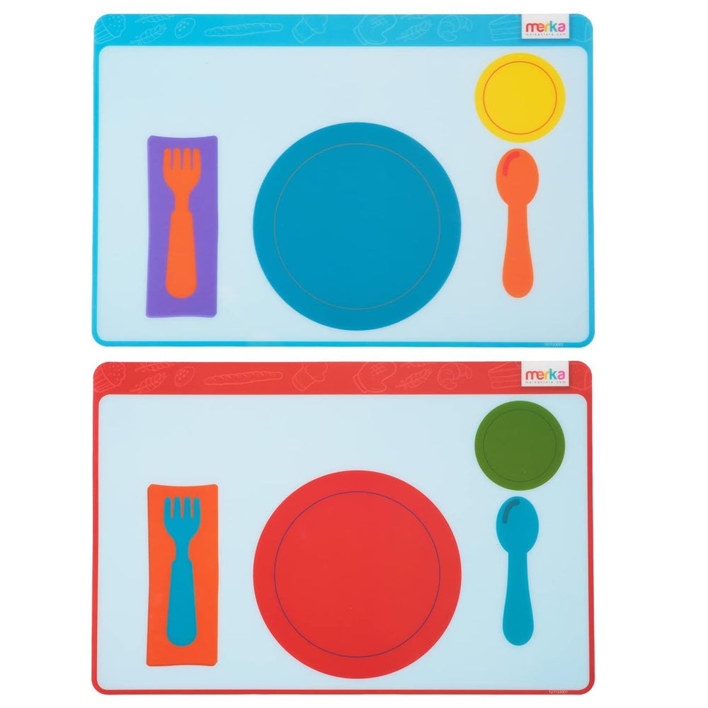 Merka place setting placemat kids multicolor on-table view promotes independent eating.