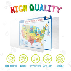 Merka United States Map Placemat highlights state capitals with colorful illustrations for geography learning.