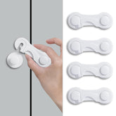 Metoluar child safety lock on refrigerator using 3M adhesive for quick no-drill installation.