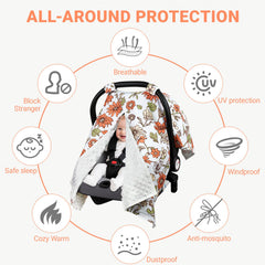 Metplus 360-degree coverage canopy shields baby from light and wind in public spaces.