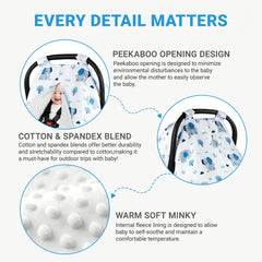 Metplus car seat cover with soft Minky lining for soothing baby during rest.