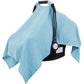 Metplus Muslin Car Seat Cover closeup shows breathable fabric for baby comfort on the go.