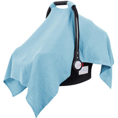 Metplus Muslin Car Seat Cover closeup shows breathable fabric for baby comfort on the go.