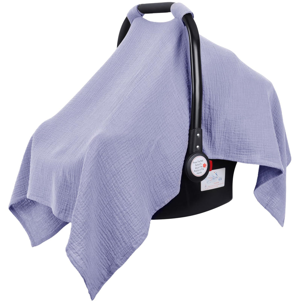 Metplus muslin car-seat cover folded for on-the-go storage.