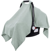 Metplus Muslin Car Seat Cover in stroller use offers breathable protection for baby on outings.