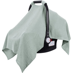 Metplus Muslin Car Seat Cover in stroller use offers breathable protection for baby on outings.