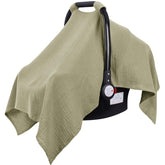 Metplus Muslin car seat cover close-up shows soft, breathable fabric for baby comfort.