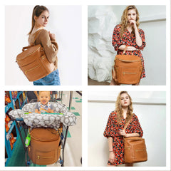 MF Store leather diaper bag interior showing 15 pockets for organization