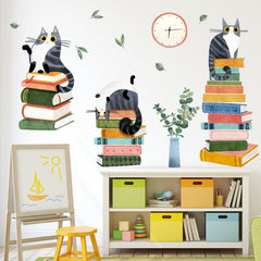 Mfault cats reading books wall decal kit, playful learning cats for nursery decor.
