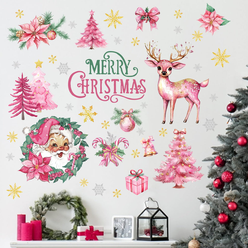 Mfault Merry Christmas pink wall decals featuring tree and Santa create festive focal point in any room.