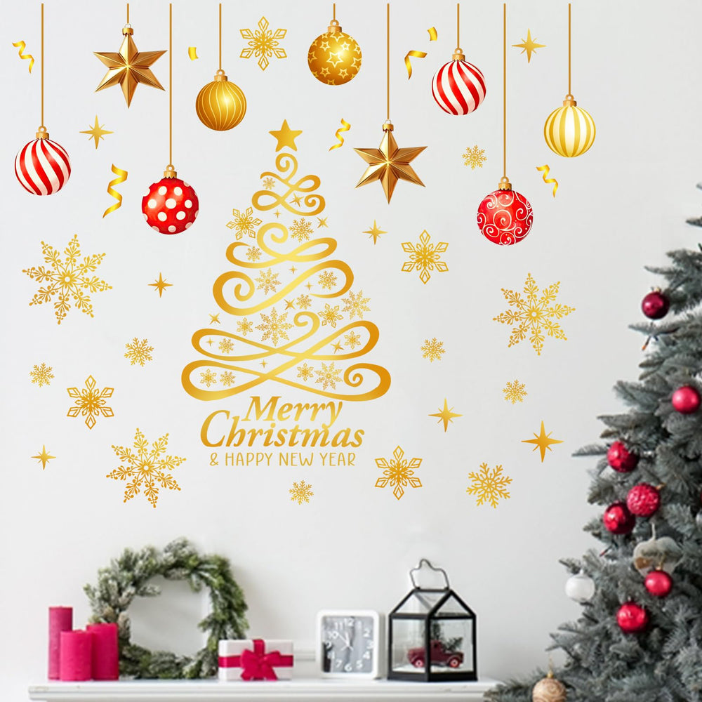 Mfault Merry Christmas Tree Golden Wall Decals on a clean wall add festive bedroom decor