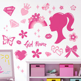 Mfault pink girl power wall decal closeup illustrates vibrant colors for a playful teen bedroom.
