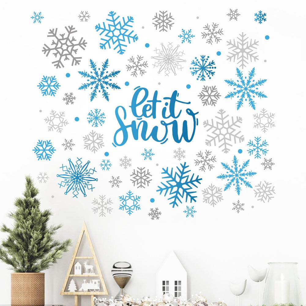 Mfault winter blue grey snowflake wall decal close-up snowflake pattern adds cozy seasonal vibe.