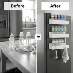 MGY 3Pack metal shelf with four hooks stores bottles and accessories neatly.