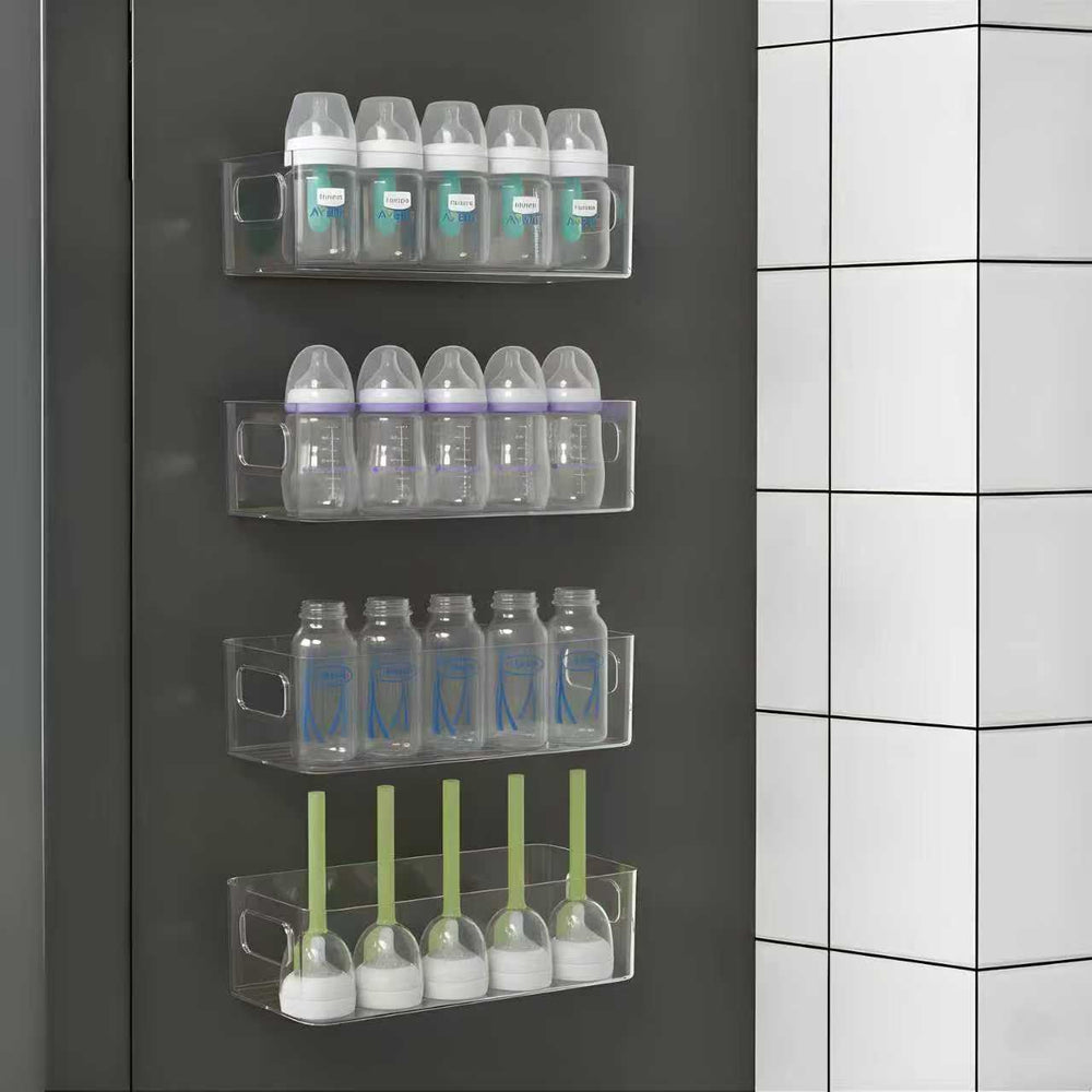 MGY 4Pack bottle organizer on fridge for clutter-free bottle storage.