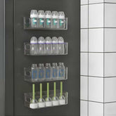 MGY 4Pack bottle organizer on fridge for clutter-free bottle storage.