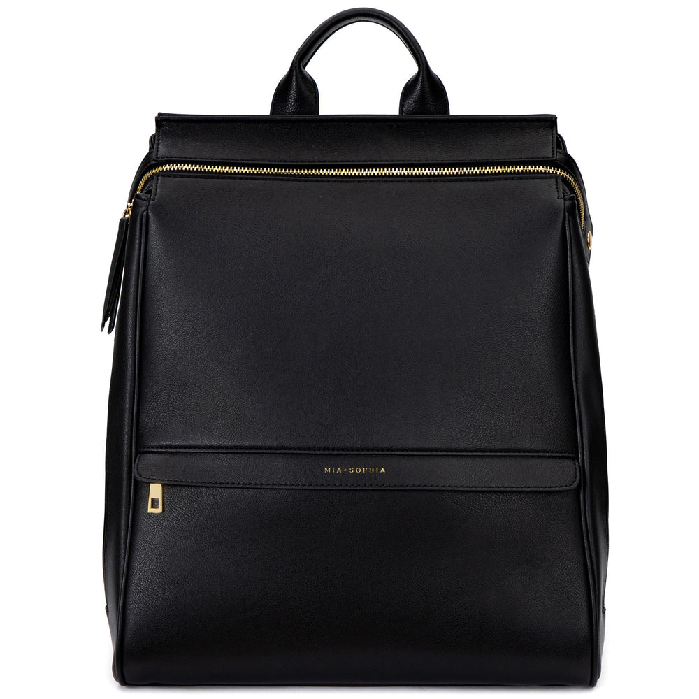 MIA + SOPHIA leather diaper bag backpack front view with sleek design and hardware
