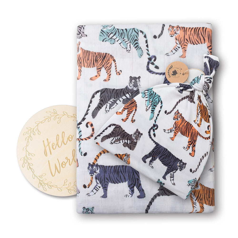 Miaoberry cream tiger swaddle blanket—soft organic cotton for cozy, skin-friendly newborn swaddling.