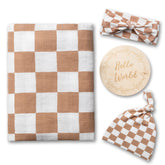 Miaoberry latte checked swaddle blanket offers cozy newborn comfort.