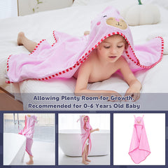 MICHLEY Animal Face Hooded Baby Towel pink side view highlights warm head coverage