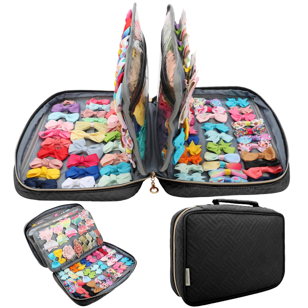 Micom hair accessories storage bag shows organized baby bows for easy access.