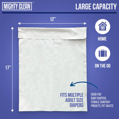 Mighty Clean diaper bags seal-close demonstrating built-in adhesive seal for odor containment.
