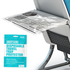 Mighty Clean disposable travel tray protector on an airplane tray, keeping surfaces clean for snacks.